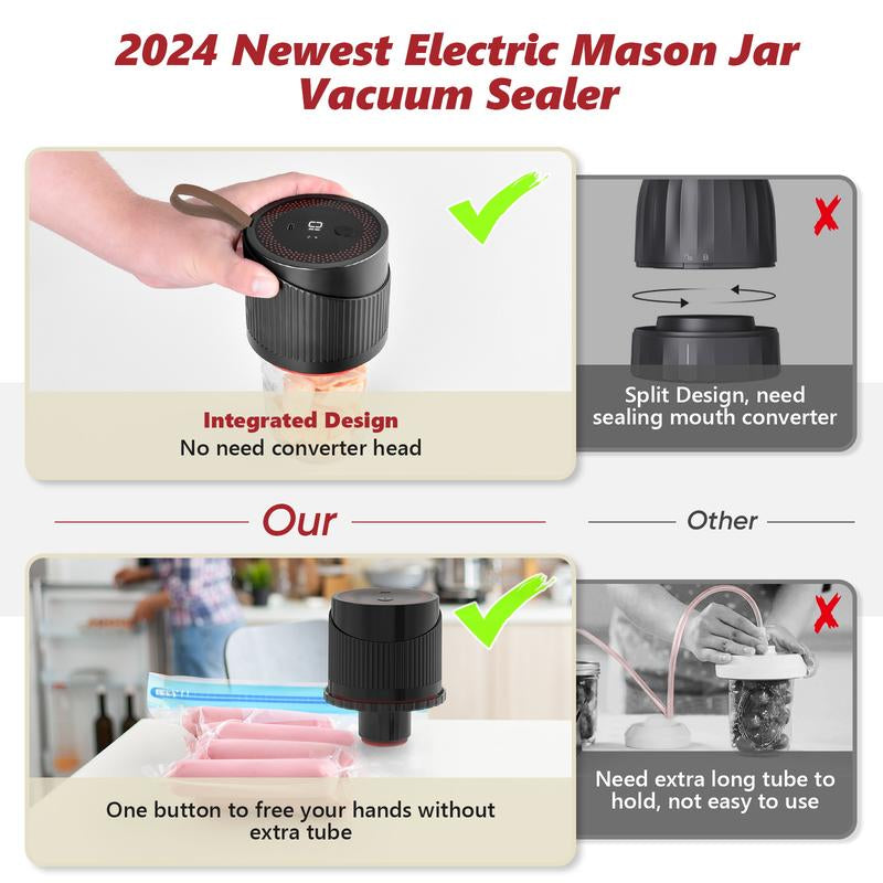 2025 Latest Portable Electric Mason Jar Vacuum Sealer Kit for Food Storage,Firm and Non-Slip Seal,One-Button Start and Easy Operation, Suitable for Wide Mouth or Regular Mouth Mason Jars