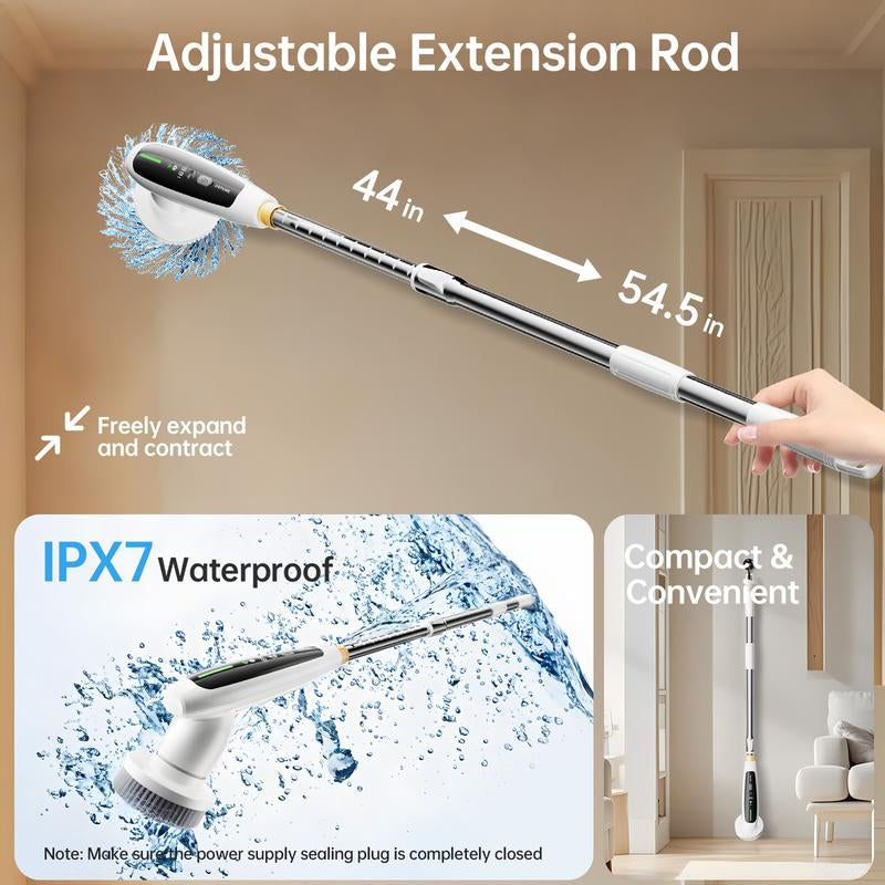 Depure Electric Spin Scrubber,Cordless Cleaning Brush,Shower Cleaning Brush with 8 Replaceable Brush Heads, Power Scrubber 3 Adjustable Speeds,Adjustable & Detachable Long Handle,Voice Broadcast Household Items Appliance