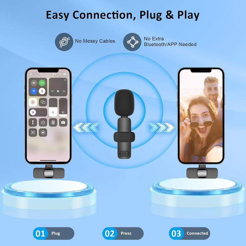 Wireless Lavalier Lapel Microphone for Iphone 15 Series/Android/Computer - Bluetooth Mini Phone Microphones for Video Recording - 2 Clip on Mics with USB C Interface for Tiktok Youtube Vlog