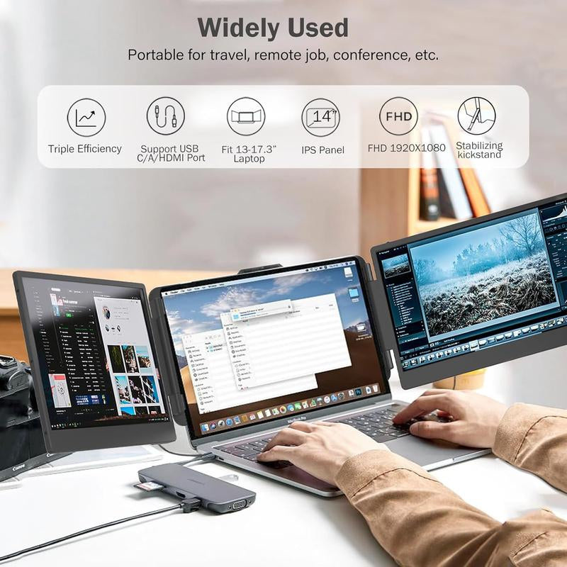 SIAVIALA Laptop Screen Extender for Laptops 13-17.3", 1080P FHD IPS Display HDMI/USB-C Travel Monitor Extender for Wins Mac Chrome Switch, Plug&Play