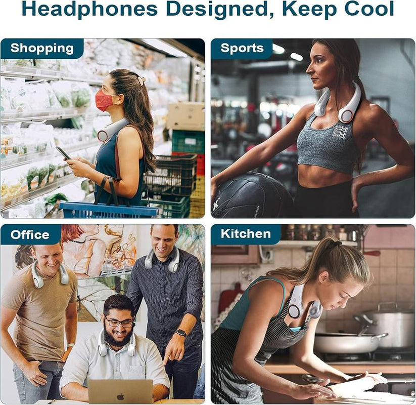 Hands-Free Neck Fan for Sports, Travel and Office Use - Rechargeable Bladeless Cooling Technology with up to 8 Hours of Run Time - Wearable Headphone Design Provides Cooling for Face, Neck and Shoulders as You Move