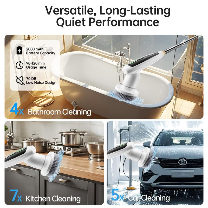 Depure Electric Spin Scrubber,Cordless Cleaning Brush,Shower Cleaning Brush with 8 Replaceable Brush Heads, Power Scrubber 3 Adjustable Speeds,Adjustable & Detachable Long Handle,Voice Broadcast Household Items Appliance