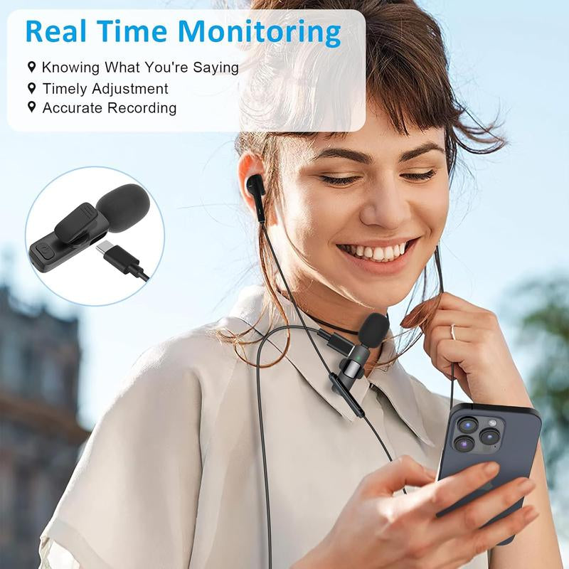 Wireless Lavalier Lapel Microphone for Iphone 15 Series/Android/Computer - Bluetooth Mini Phone Microphones for Video Recording - 2 Clip on Mics with USB C Interface for Tiktok Youtube Vlog