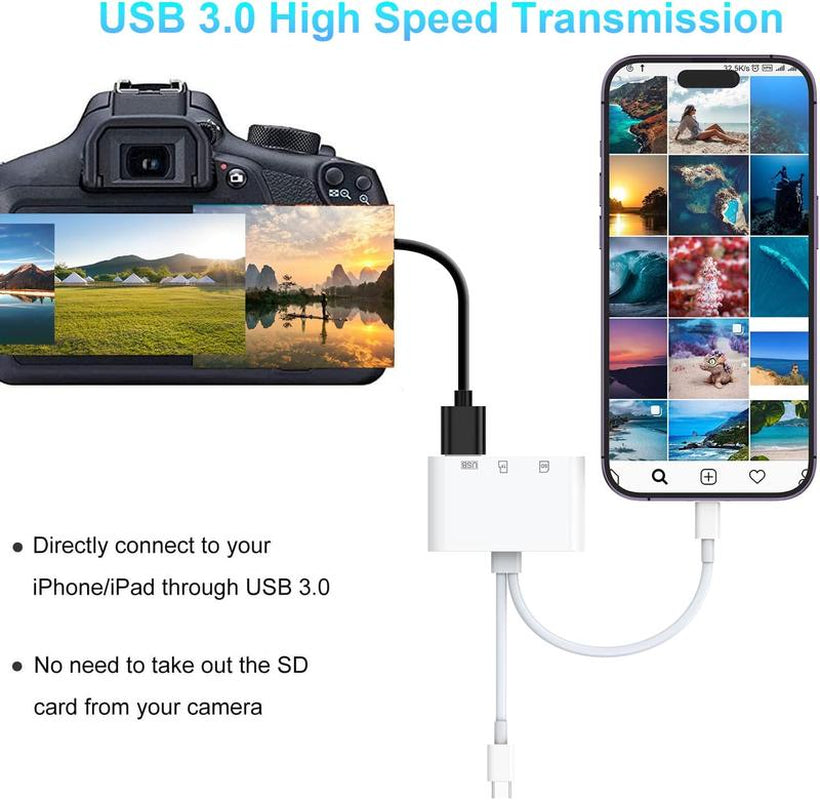 SD Card Reader for Iphone, Ipad, USB C and Lightning Dual Port SD Card Adapter, Memory Card Reader for Camera Adapter, Support SD, Micro SD, USB 3.0, No App Driver Required