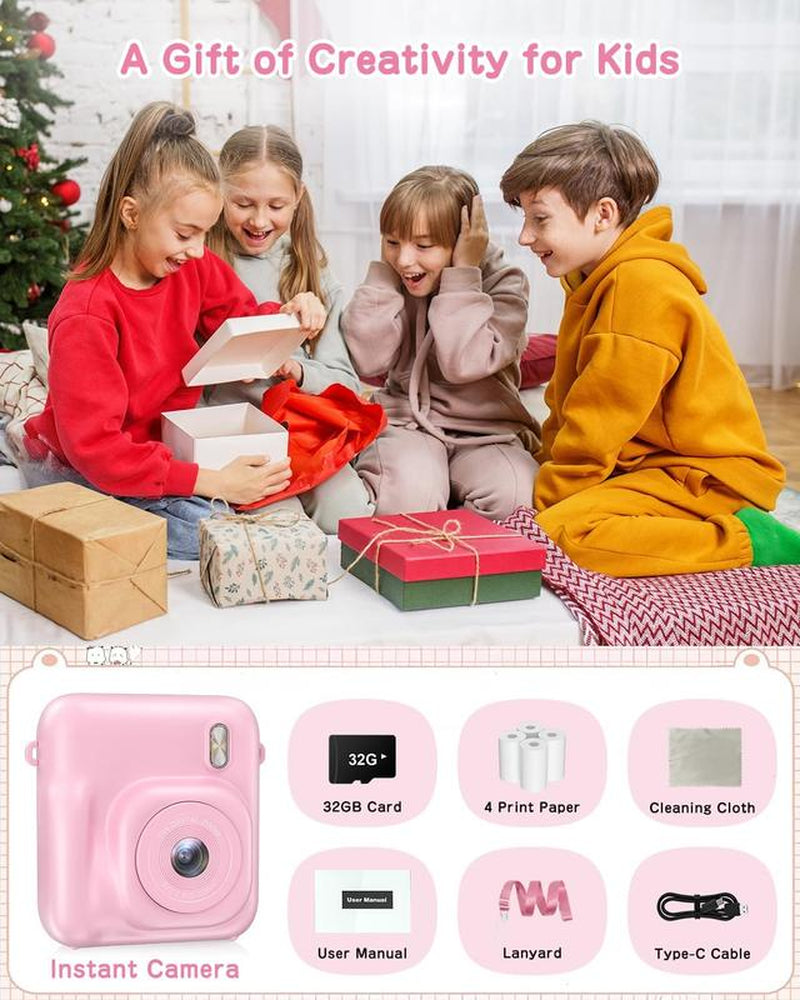 Camkory Newest Kids Camera, Dual-Lens Instant Print Camera, 48MP Selfie Camcorder with Lanyard | 4 Rolls Print Paper | 32GB Card | Safe & Eco-Friendly Design | Perfect Birthday Christmas Toddler Toy Camera for Kids Ages 4-10, Boys & Girls
