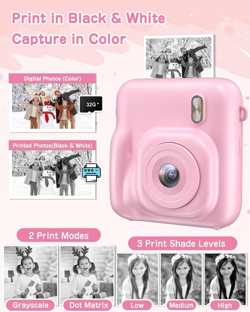 Camkory Newest Kids Camera, Dual-Lens Instant Print Camera, 48MP Selfie Camcorder with Lanyard | 4 Rolls Print Paper | 32GB Card | Safe & Eco-Friendly Design | Perfect Birthday Christmas Toddler Toy Camera for Kids Ages 4-10, Boys & Girls