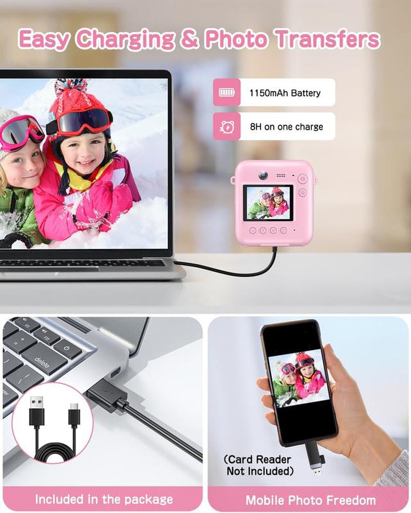 Camkory Newest Kids Camera, Dual-Lens Instant Print Camera, 48MP Selfie Camcorder with Lanyard | 4 Rolls Print Paper | 32GB Card | Safe & Eco-Friendly Design | Perfect Birthday Christmas Toddler Toy Camera for Kids Ages 4-10, Boys & Girls